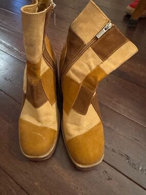 Women’s Patchwork Faux Suede Ankle Boots in Tan and Brown